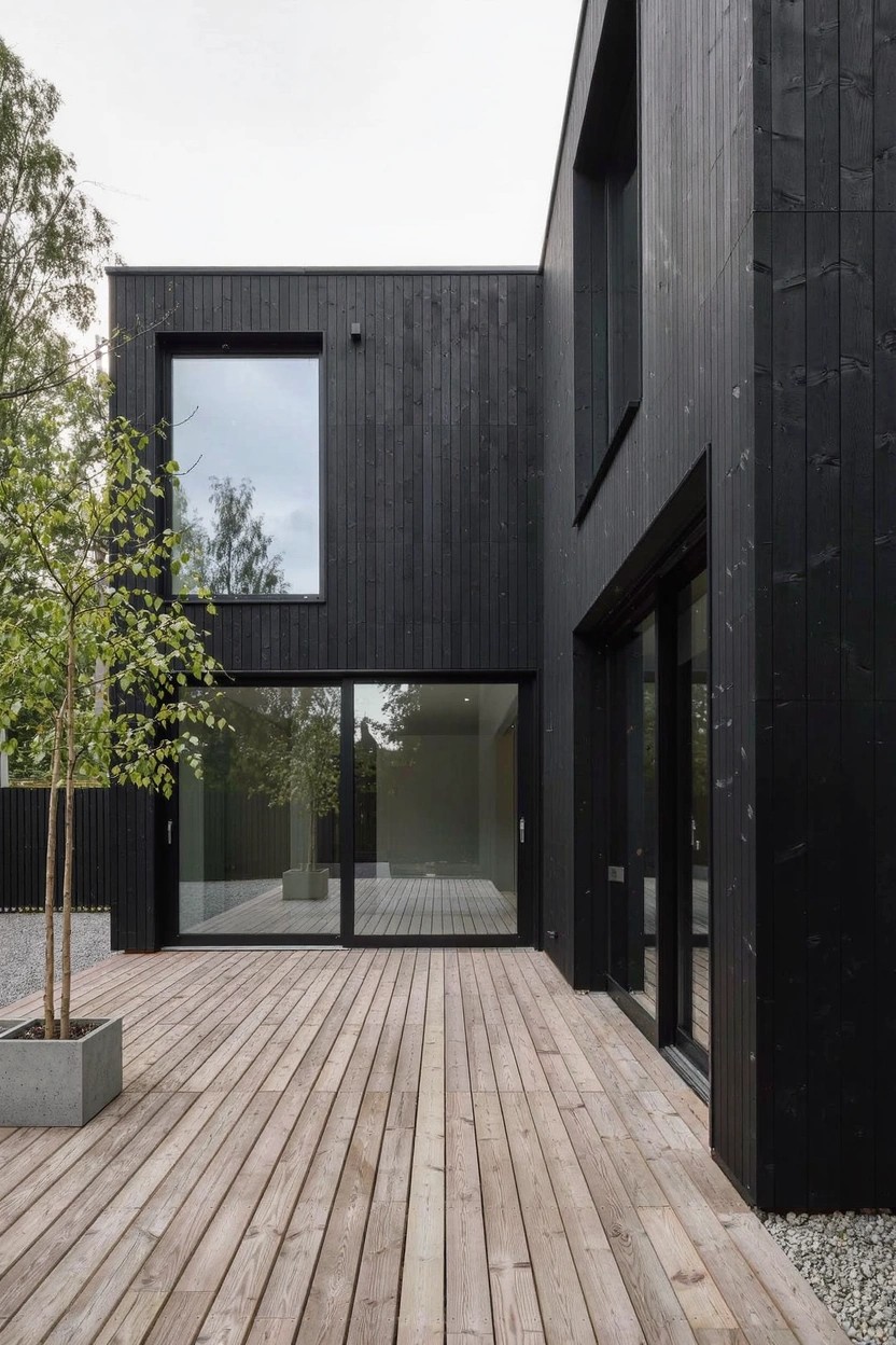 Corner view of a two-story modern house with black vertical wood cladding, large glass windows and sliding doors on the ground floor opening to a light wood deck, birch trees, and gravel ground cover.