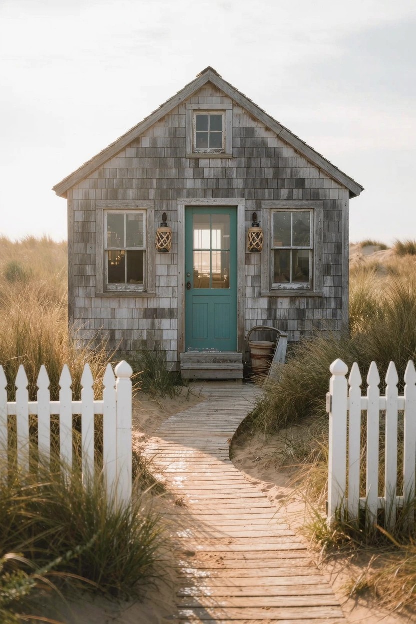 Small gray shingled cottage with green door and wall lanterns stands at the end of a wooden boardwalk path through beach grass and dunes, framed by white picket fence.