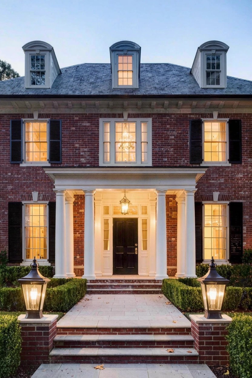 Two-story red brick house with symmetrical windows, black shutters, white columns supporting a pedimented portico over a black front door, flanked by black lanterns and boxwood hedges on brick steps leading to a stone pathway at dusk.