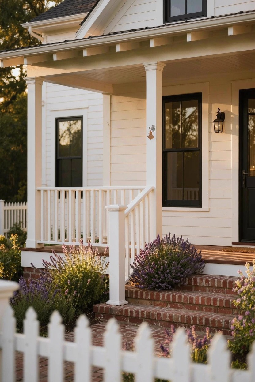 White clapboard house with black-framed windows and front door, covered porch supported by white columns and railing, brick steps with lavender plants on sides, and white picket fence in foreground.