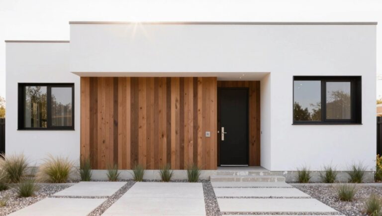 White modern house with rectangular windows, vertical wood slat garage door, black front door, pebble driveway, plants, and trees.