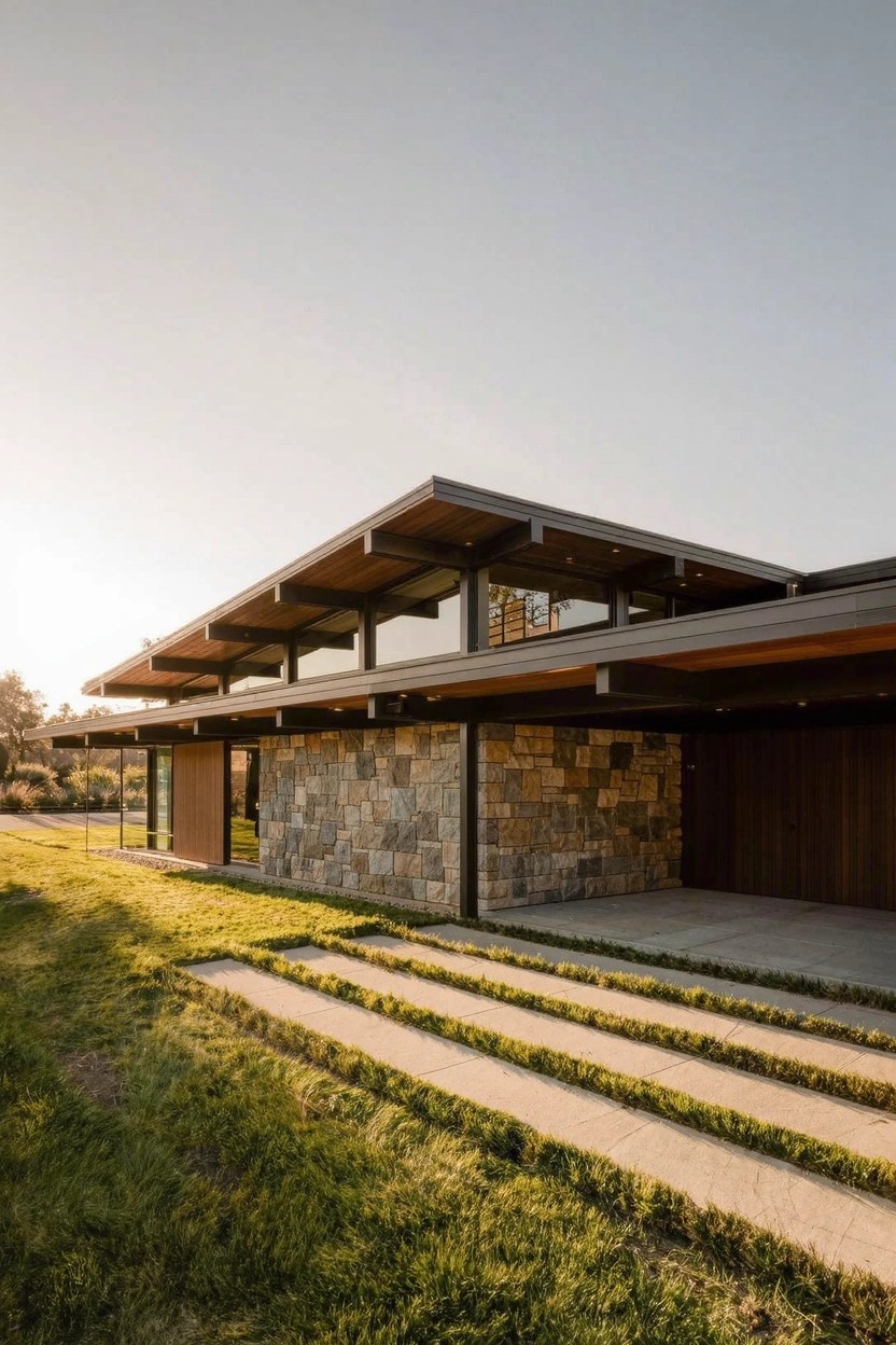 Modern single-story house exterior with flat roof and wide overhangs over stone lower walls, wood garage door, large glass panels, concrete paver path, and grass lawn.