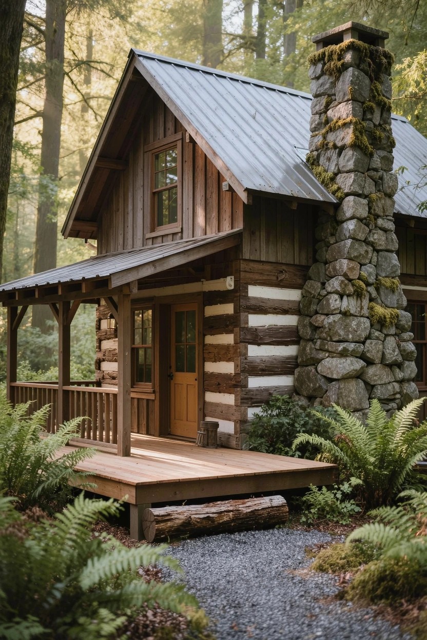 Log cabin exterior with horizontal log walls, covered wooden porch, tall moss-covered stone chimney, metal roof, gravel path, and surrounding ferns in a forest setting.