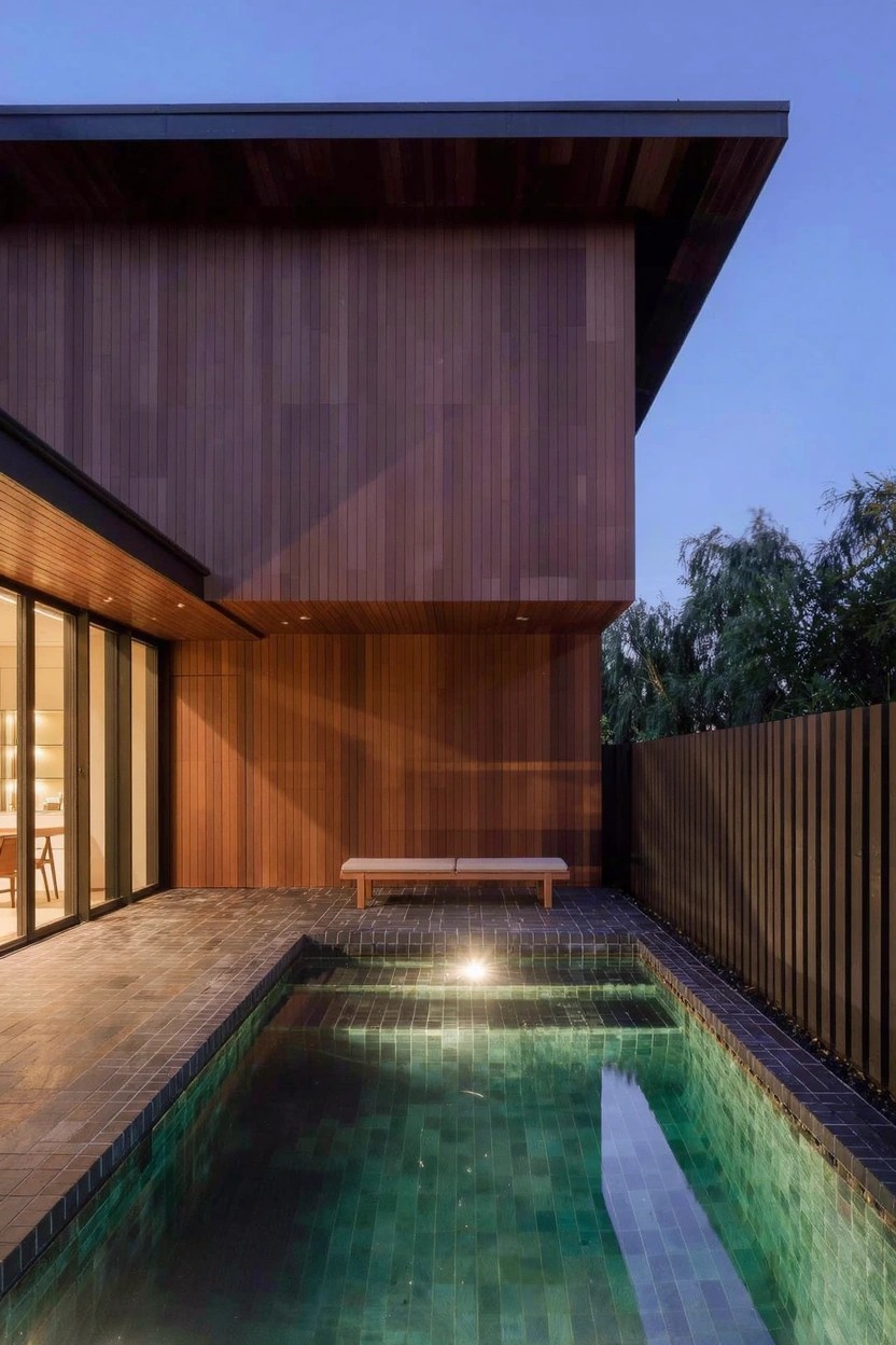 Modern house exterior with dark vertical wood cladding on the wall, a small rectangular pool with green tiles and underwater lighting, stone patio, wooden bench, black fence, and trees at dusk.