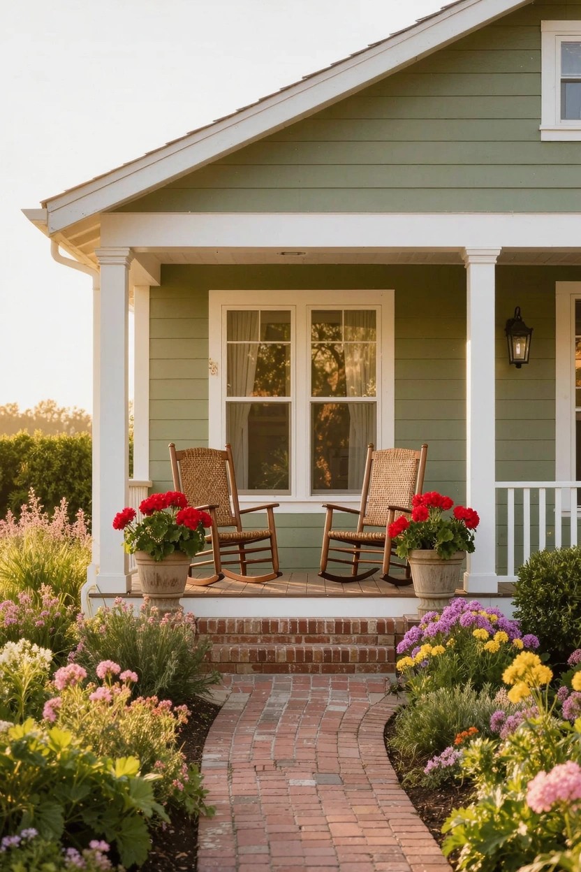 Sage green clapboard house with white-columned front porch, two wicker rocking chairs with red geranium pots, colorful flower beds, and curved brick pathway.