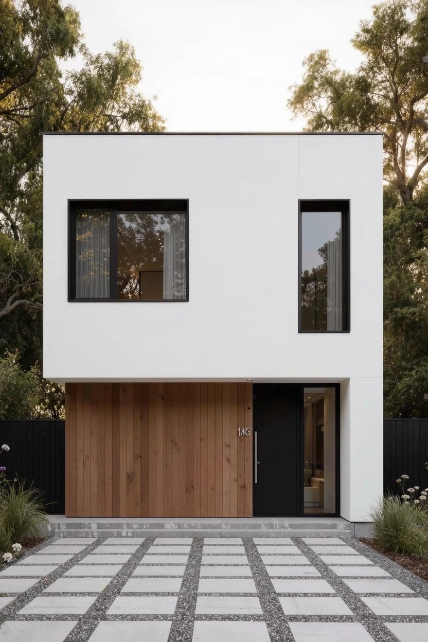 White modern house with rectangular windows, vertical wood slat garage door, black front door, pebble driveway, plants, and trees.