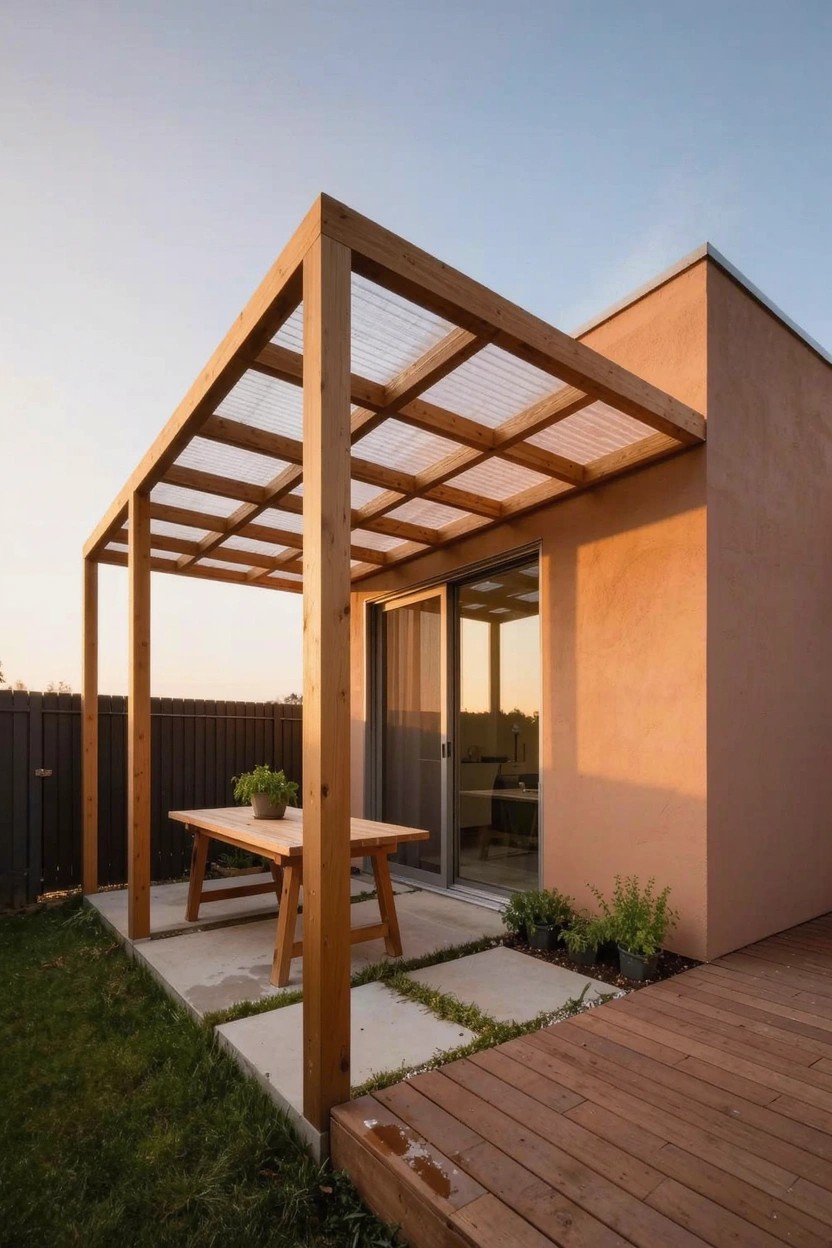Beige stucco house exterior with attached wooden pergola covering a concrete paver patio, wooden picnic table, sliding glass door, potted plants, grass lawn, and wooden deck.