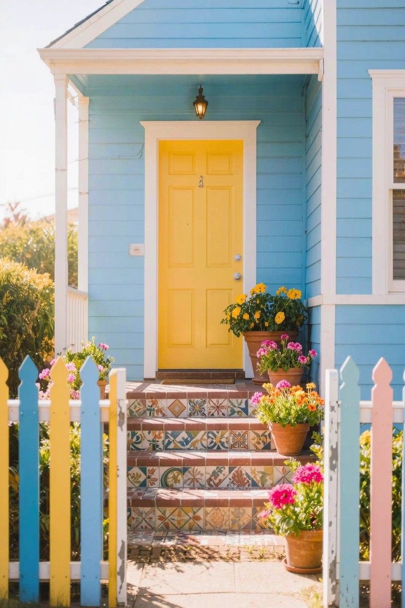 Light blue house with yellow front door, colorful picket fence in blue yellow and pink, tiled entry steps, and potted yellow flowers.