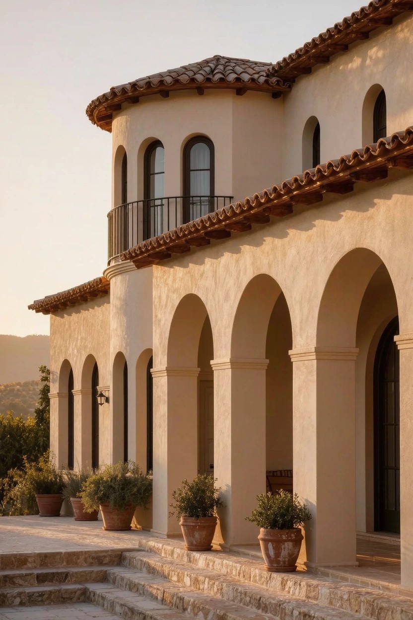 Beige stucco house exterior with terracotta tile roof, curved tower section, balcony with iron railing, series of arched columns supporting a covered walkway, potted plants, and stone steps against a hillside at sunset.