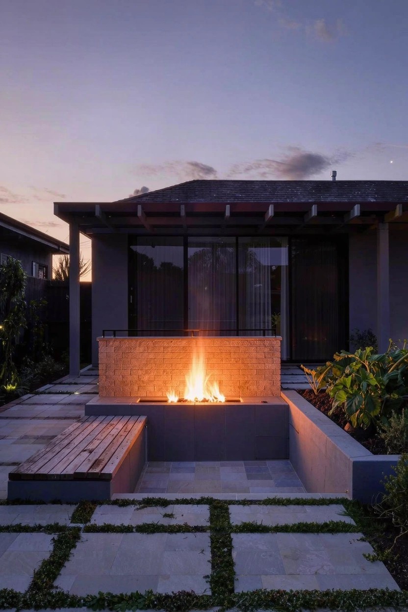 Dusk view of a modern backyard patio with a linear gas fire pit built into a gray tiled wall, wooden bench seating on one side, stone pavers, low plants, and large glass doors on the house behind.
