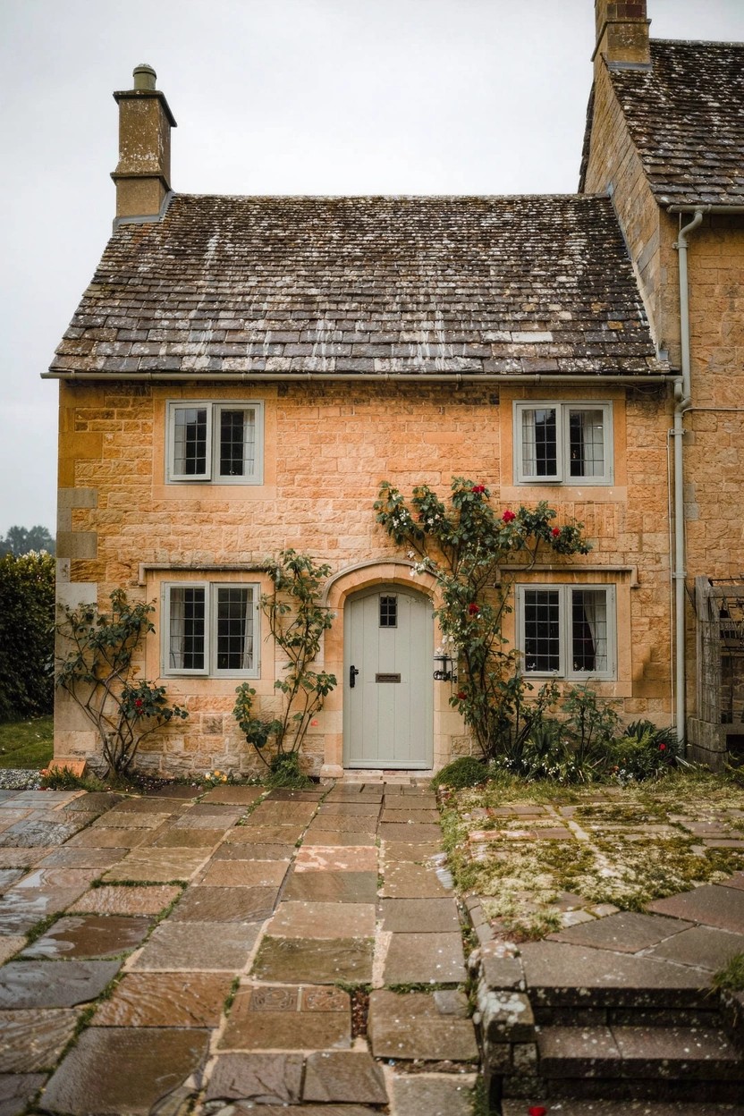 Honey-colored stone cottage with arched front doorway framed by pink climbing roses, leaded windows, and stone pathway.