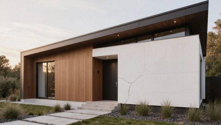 18 Lovely Simple House Exterior Ideas You’ll Want To Save Modern house exterior featuring vertical wood siding on the left volume, white stucco on the right, black-framed windows, wood entry door, concrete steps and pathway on gravel with grasses, under a wood overhang at sunset.