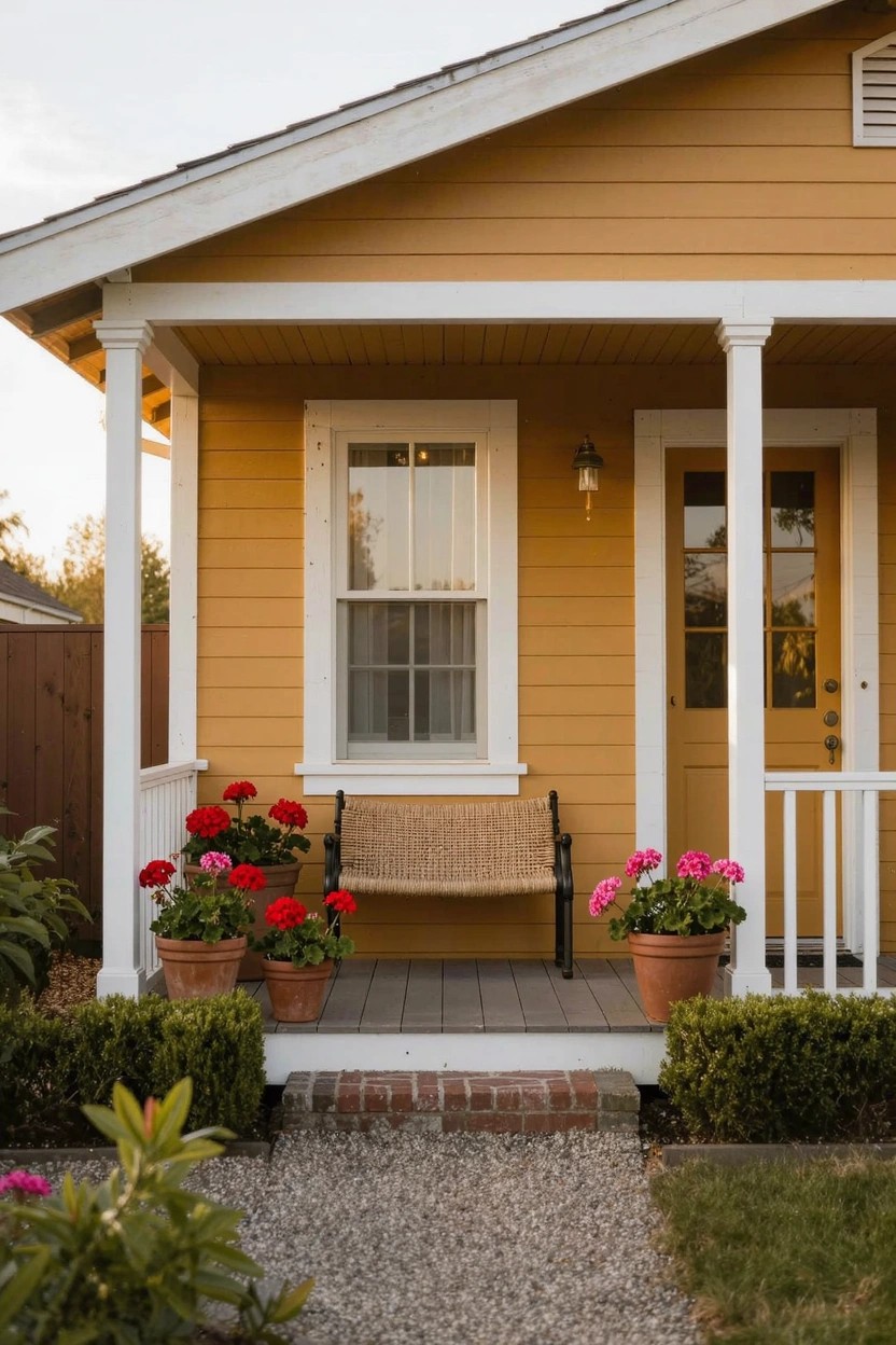 Yellow house with white porch columns and railing, wicker swing bench flanked by large red geranium pots, gravel path to steps, boxwood hedges.