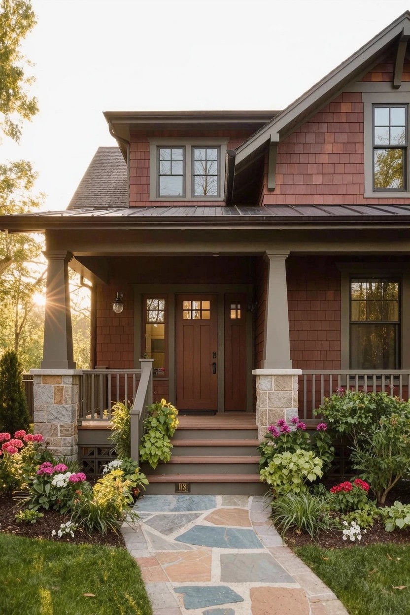 Two-story house exterior with red shingle siding, covered front porch featuring tapered wooden columns and railing, dark wooden double door, flagstone pathway leading to wooden steps, bordered by colorful flowers and shrubs on a lawn.