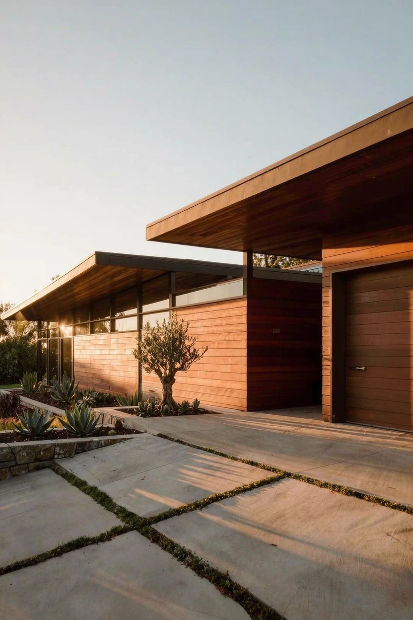Modern wood-shingled house exterior featuring a flat roof with deep overhangs, large glass windows, a brown garage door, stone paver driveway with grass joints, and landscaping with agave plants and an olive tree.