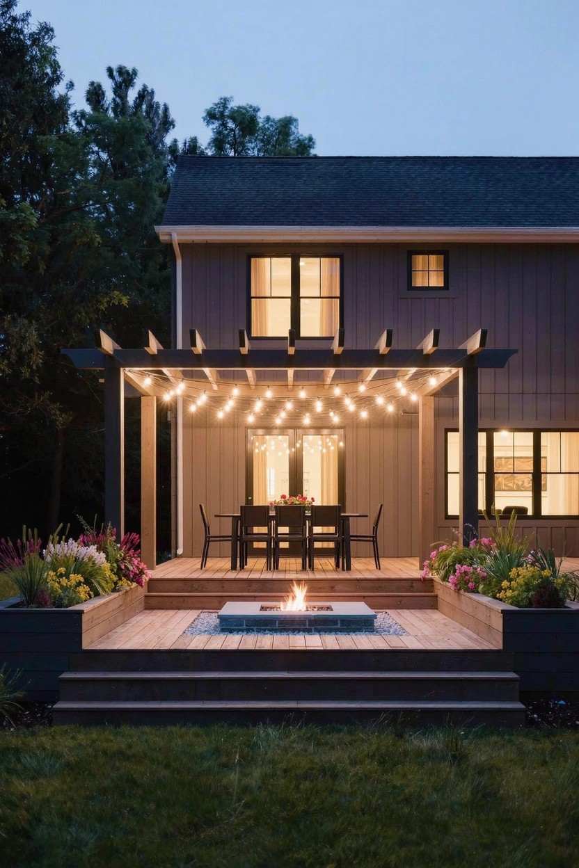 Evening view of a backyard wooden deck with steps, a pergola over a dining table strung with white lights, a central fire pit surrounded by flower planters, and a house with lit windows in the background.