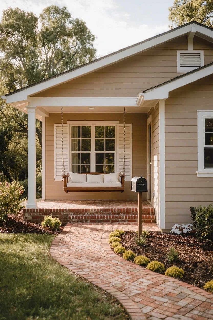 Beige siding house with white porch columns, hanging porch swing with cushions, brick walkway edged by plants, and green lawn.