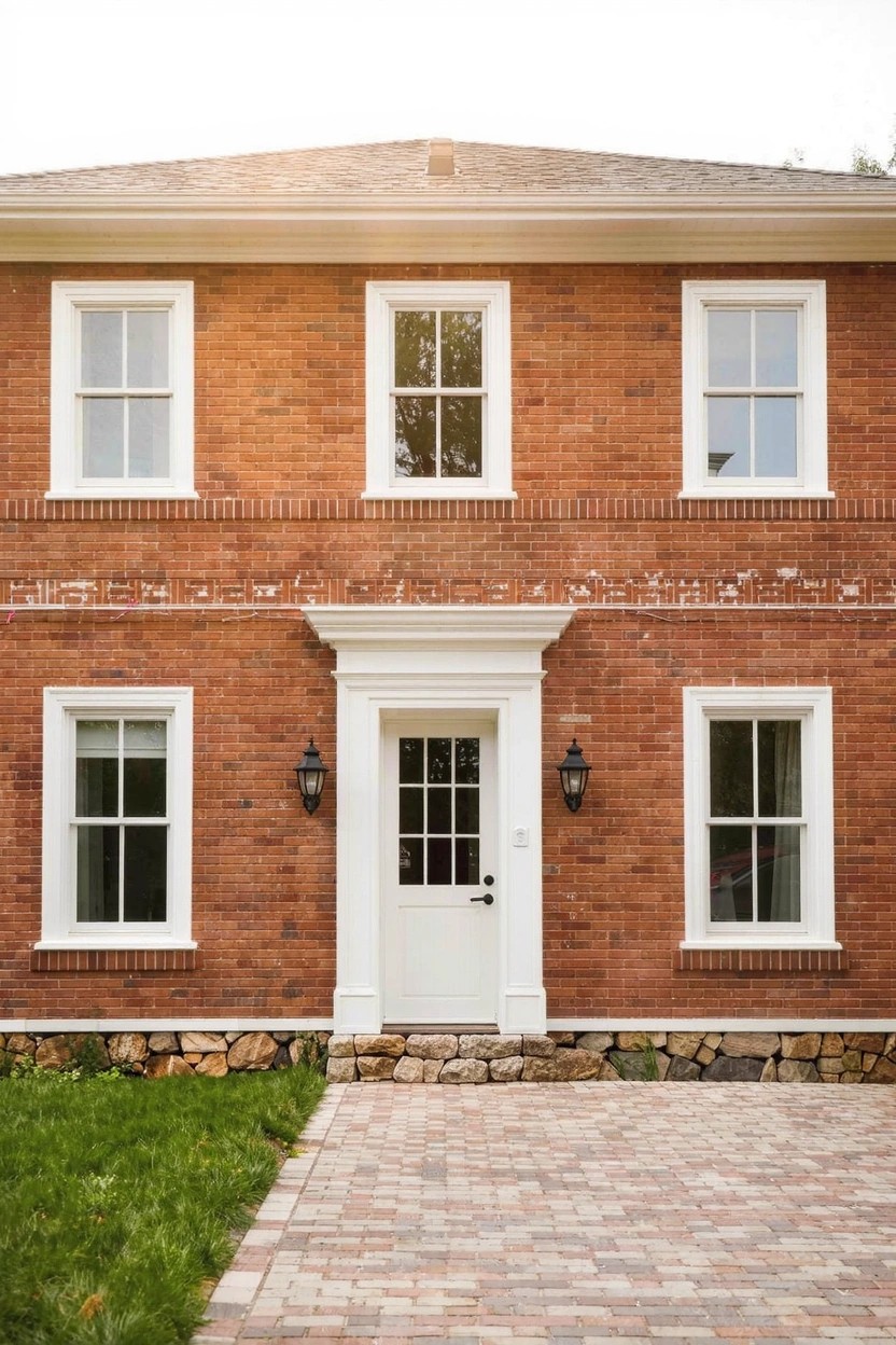 Two-story red brick house with symmetrical white-framed double-hung windows on both levels, centered white door under a pediment, flanked by black lanterns, stone foundation, paver pathway, and grass lawn.