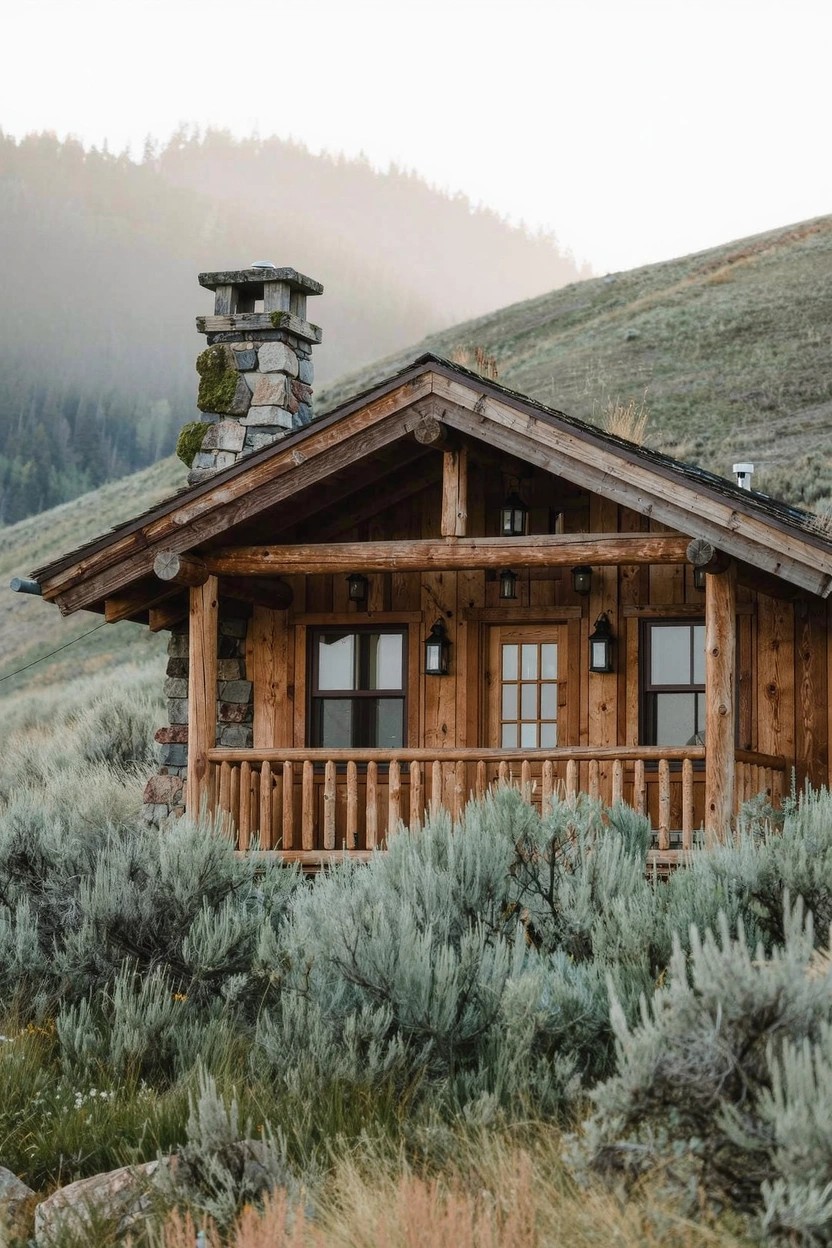 Wooden log cabin with gabled roof, stone chimney, front porch with railings and lanterns, surrounded by green shrubs on a grassy hillside with mountains in the background.