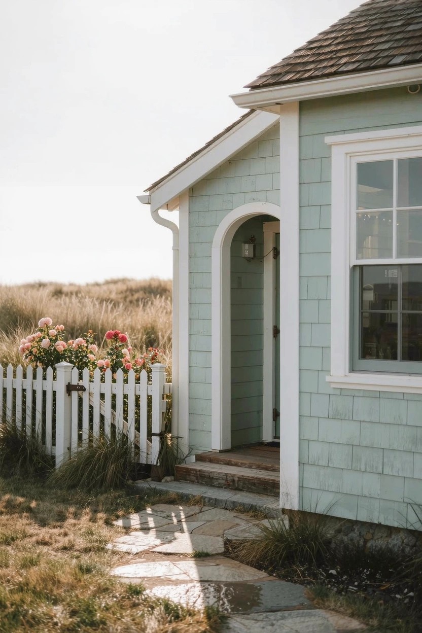 Mint green shingle-clad house corner with white picket fence gate, pink roses against the fence, dune grasses, and stone pathway leading to arched wooden door with lantern.