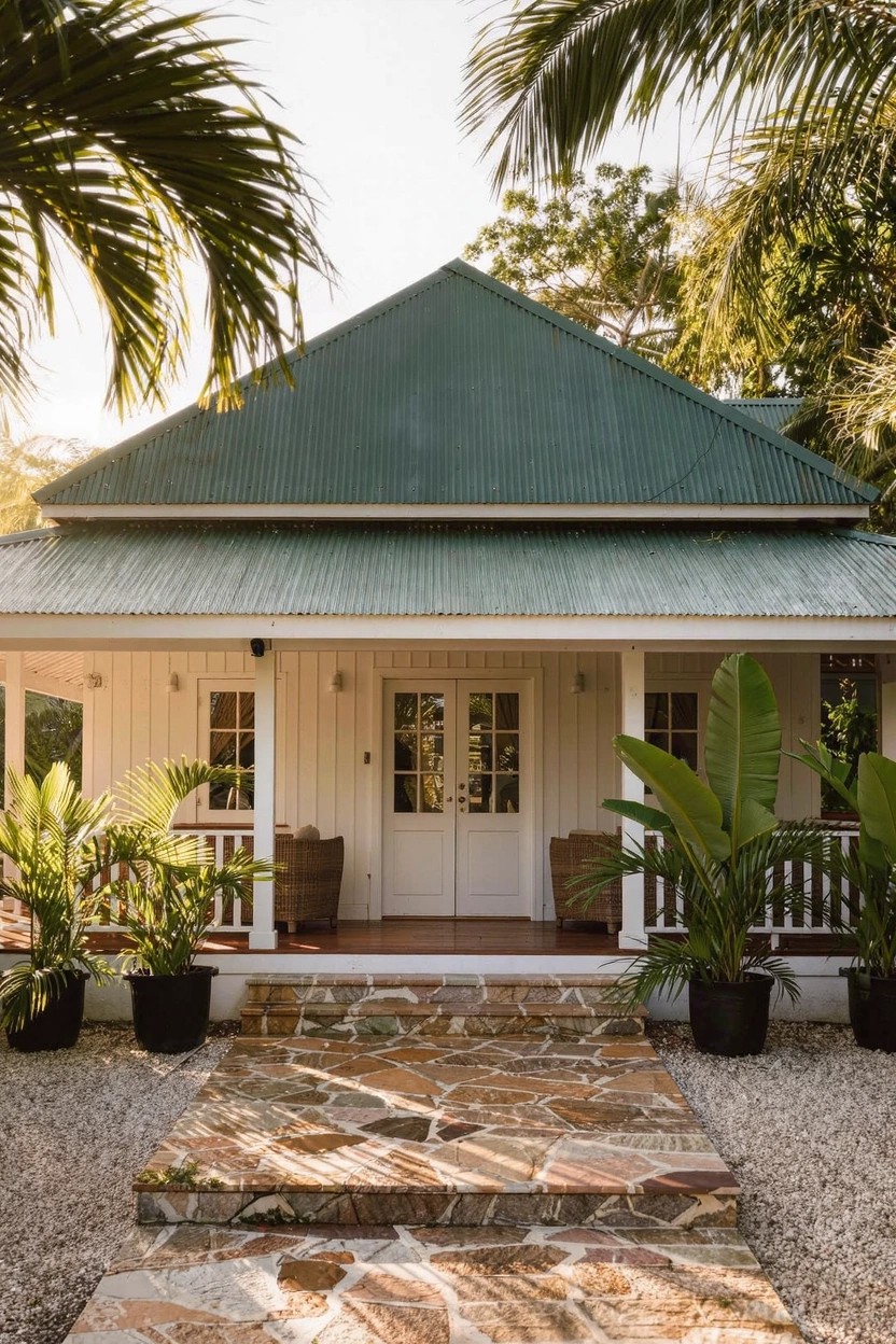 White clapboard house with green metal gable roof and wide covered front porch with white railings, flanked by potted palms and banana plants, stone steps leading from gravel path to double doors.