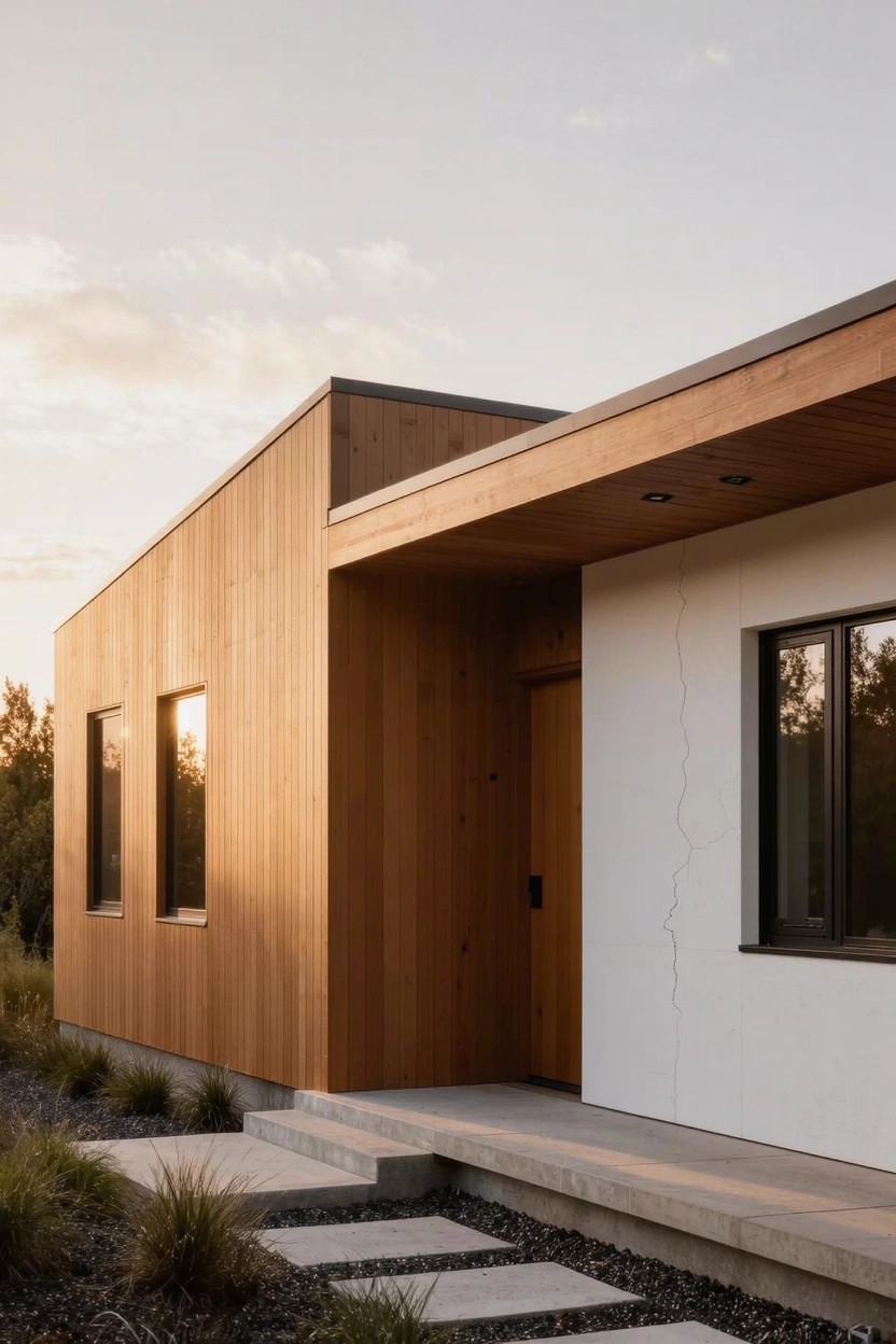 Modern house exterior featuring vertical wood siding on the left volume, white stucco on the right, black-framed windows, wood entry door, concrete steps and pathway on gravel with grasses, under a wood overhang at sunset.
