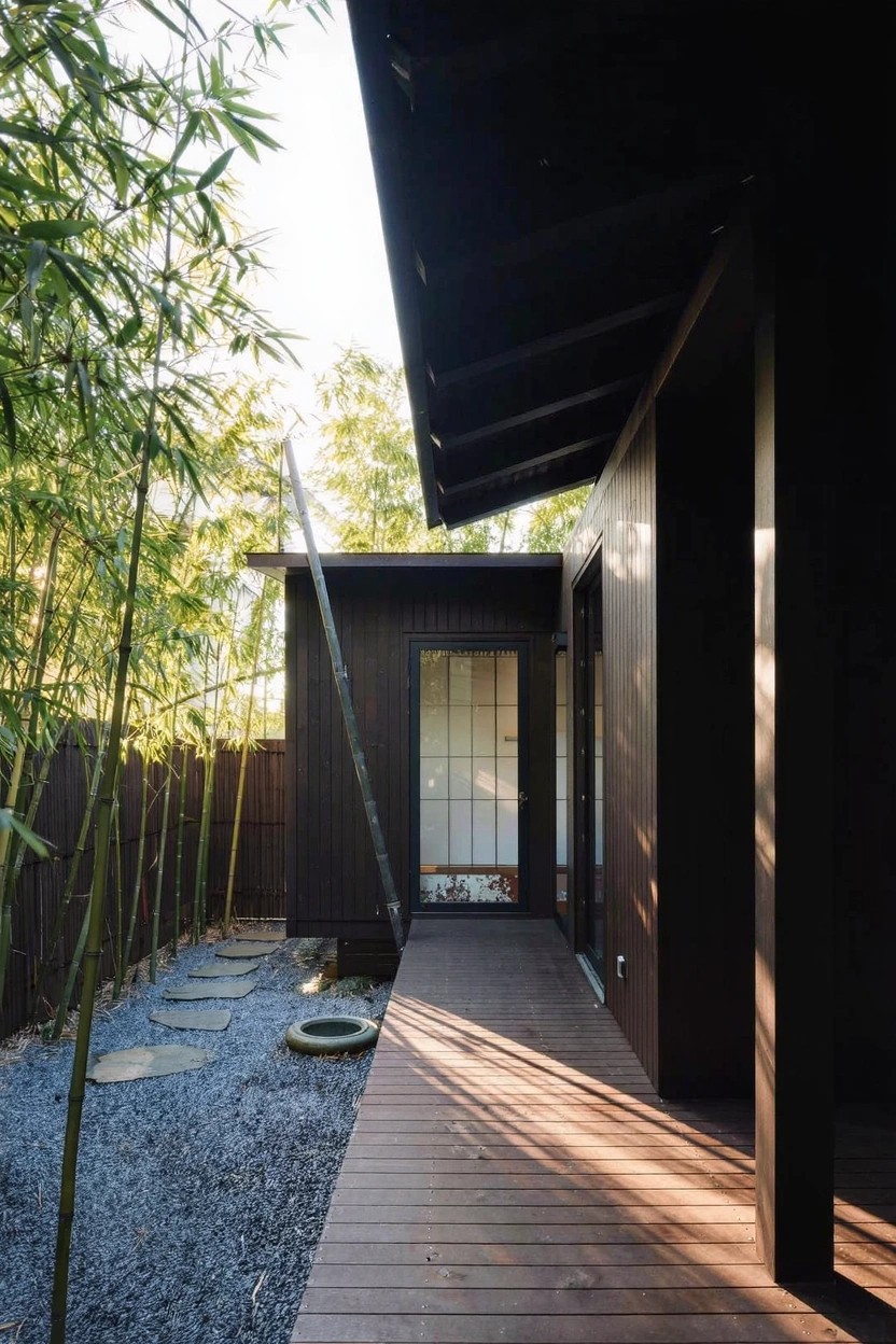Exterior of a small dark wood house with sloped roof and frosted glass entry door, screened by vertical bamboo poles and plants in a gravel yard with wooden deck pathway and stepping stones.