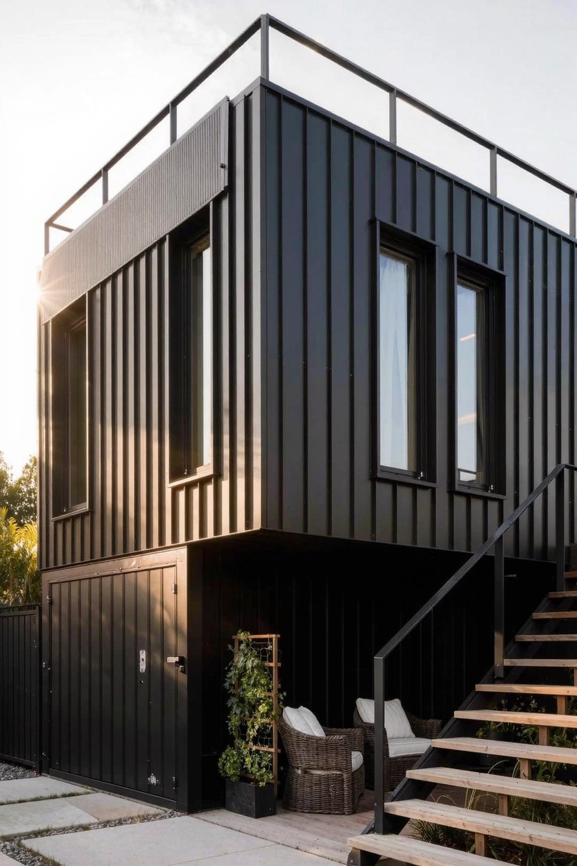 Corner view of a two-story black corrugated metal house with large windows, wooden stairs to the upper entrance, outdoor chairs and plants below, and metal railing on top.