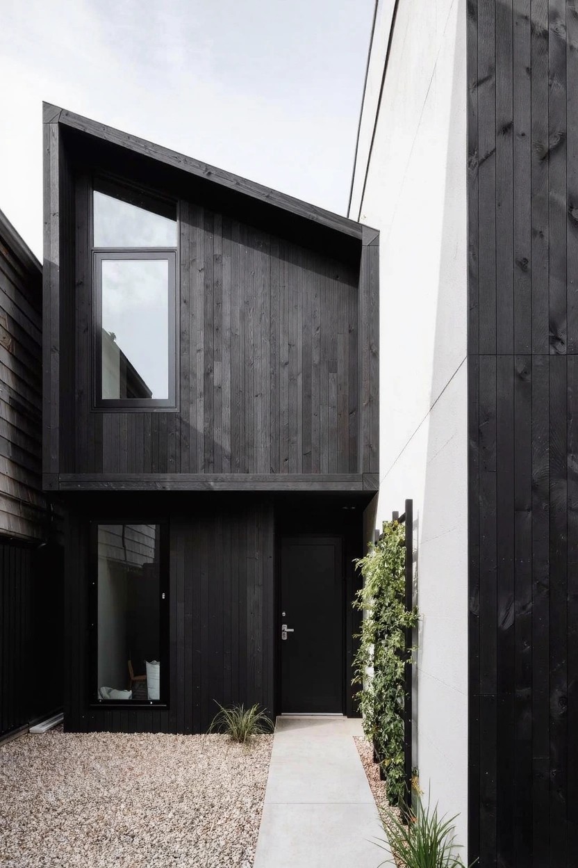 Modern small house exterior with black charred wood cladding on angled roof and walls, adjacent white rendered wall, large triangular window, black front door, gravel courtyard, concrete pathway, metal fence, and low plants.