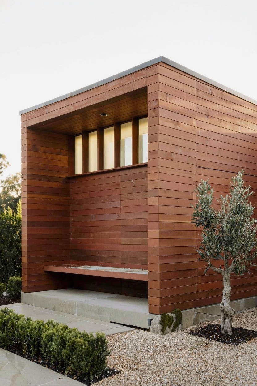 Wooden-clad modern small house with flat roof and recessed entry area containing a built-in bench, surrounded by gravel ground cover, boxwood shrubs, and an olive tree.