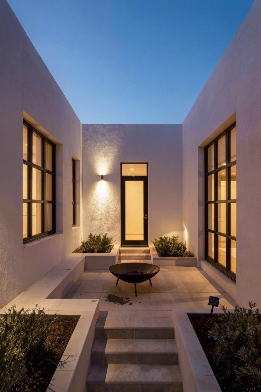 White stucco walls enclose a front courtyard with a central black metal fire pit on stone pavers, steps leading to a black door between black-framed windows, low plants in built-in planters, and wall-mounted lights.