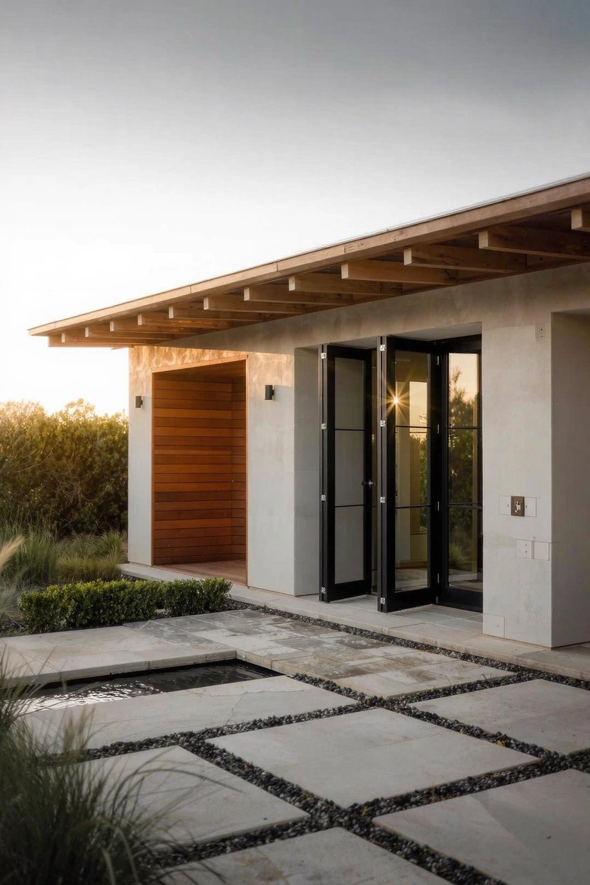 Modern house exterior featuring light stucco walls, exposed wooden roof beams, black-framed folding glass doors opening to a grid-patterned stone paver patio with pebble accents, grasses, shrubs, and a narrow water channel at sunset.