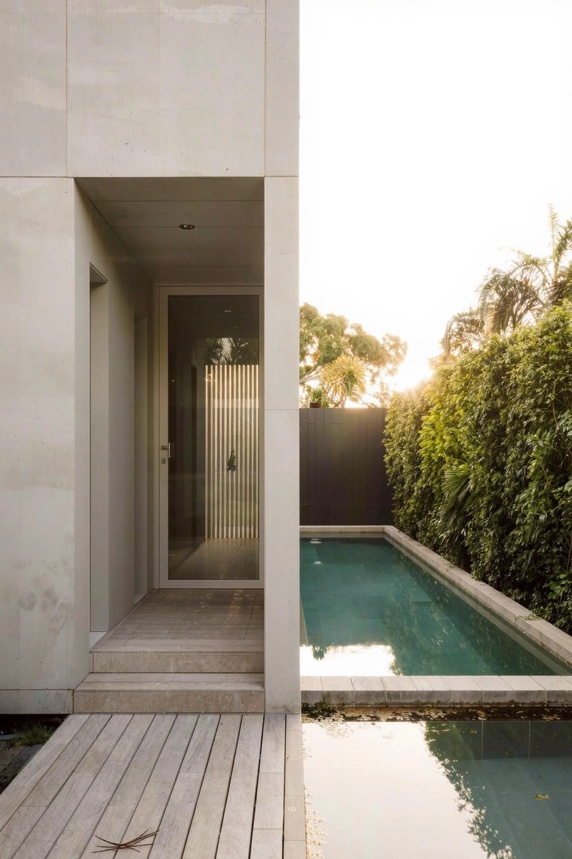 Modern house with light stucco walls, recessed glass entry door on wooden deck steps, narrow rectangular pool adjacent to the facade, dark side fence, hedges, and palm trees in the background.