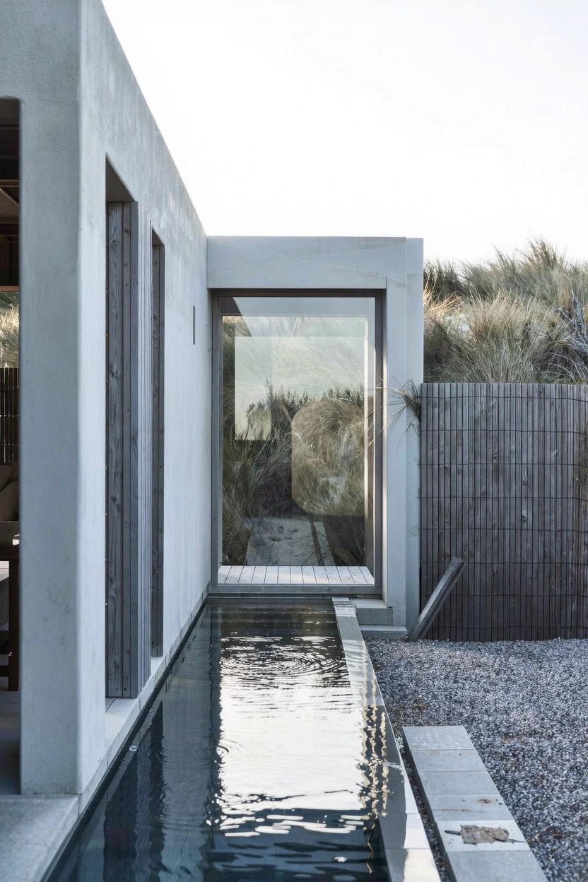 Modern gray concrete house exterior with a long narrow blue reflecting pool alongside a pathway, large glass window, wooden slat fence, gravel ground, and tall dune grasses.