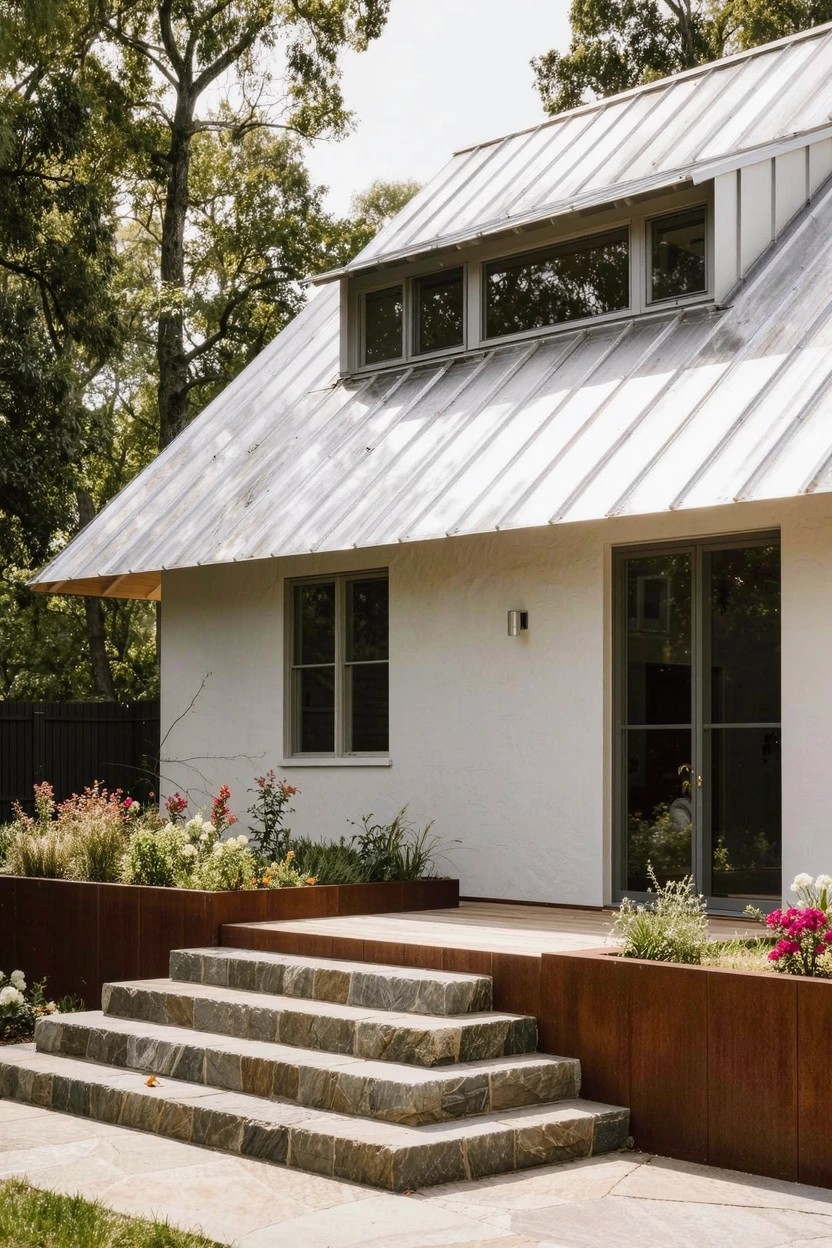 Modern white house exterior with silver standing-seam metal roof, wide bluestone steps leading to a glass entry door on a wooden landing, bordered by raised dark metal-edged planting beds containing pink flowers and greenery, trees and grass in background.