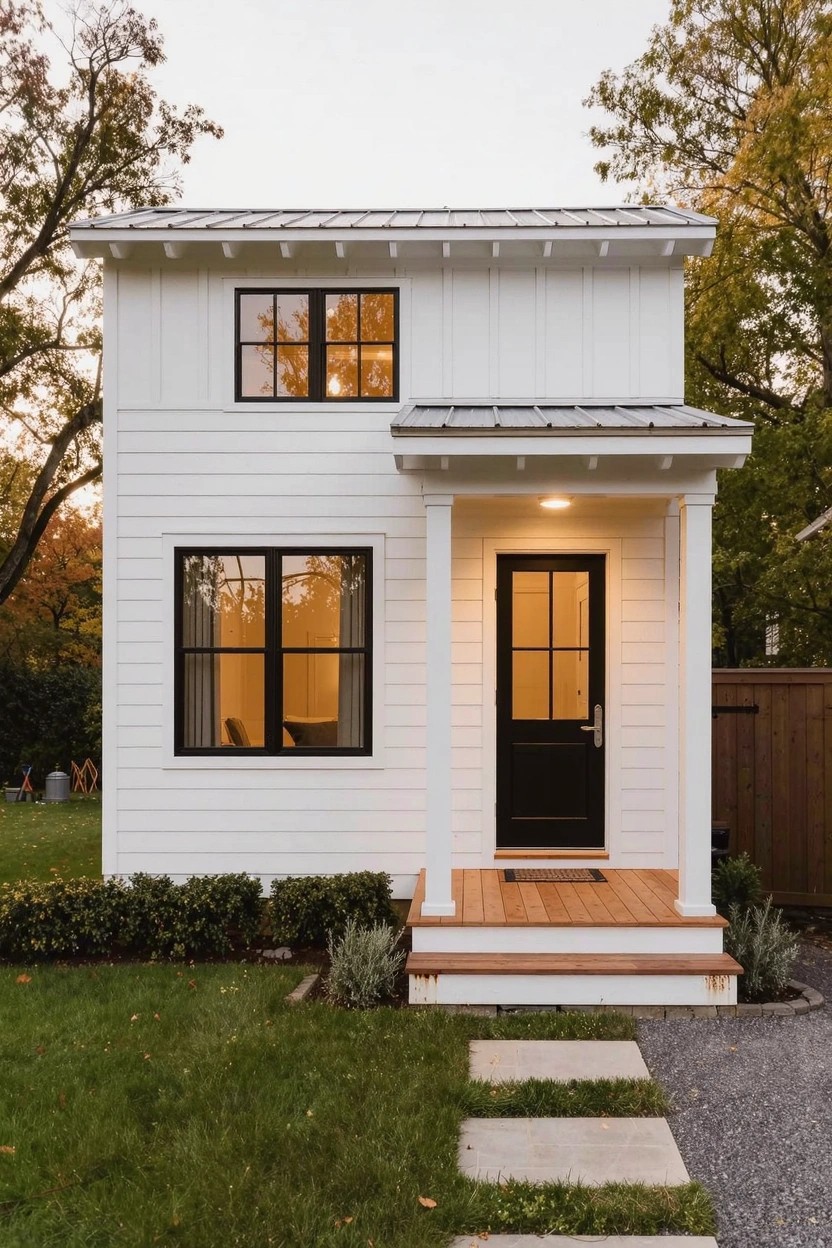 Compact two-story white clapboard house with black-framed windows and front door under a covered porch with white columns, stone pathway leading to it, green lawn, shrubs, and autumn trees in background.