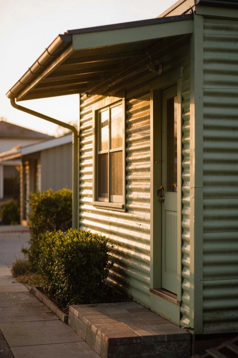 Closeup side view of a small single-story house with pale green corrugated metal siding, a narrow vertical window, a wooden door under an overhanging roof with gutter, low green bushes along a concrete path, and similar houses nearby.