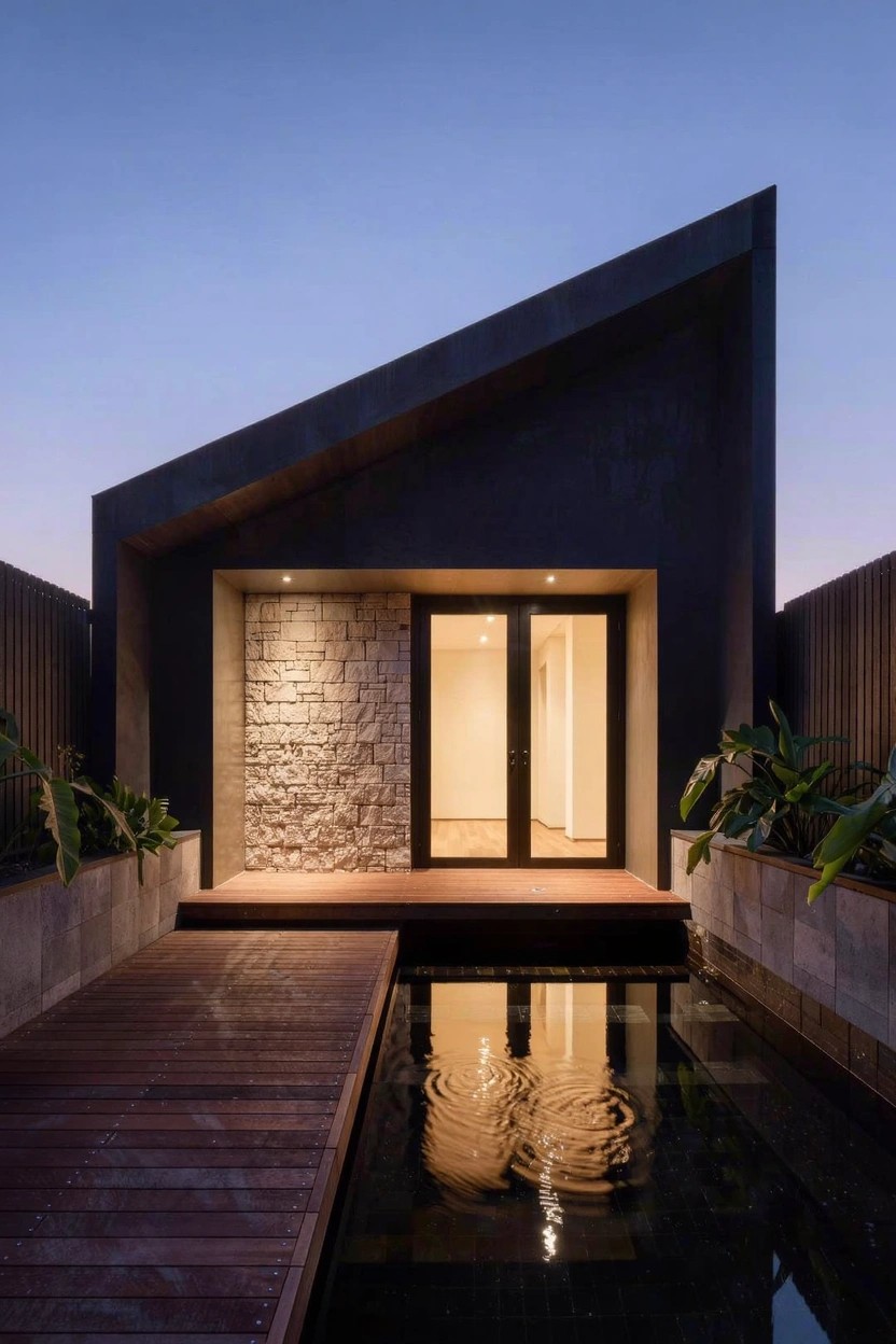 Small modern house exterior at dusk featuring dark angular roof, light stone wall beside large glass entry doors, wooden walkway spanning a dark reflecting pond with lily pad reflection, surrounded by potted plants and fencing.