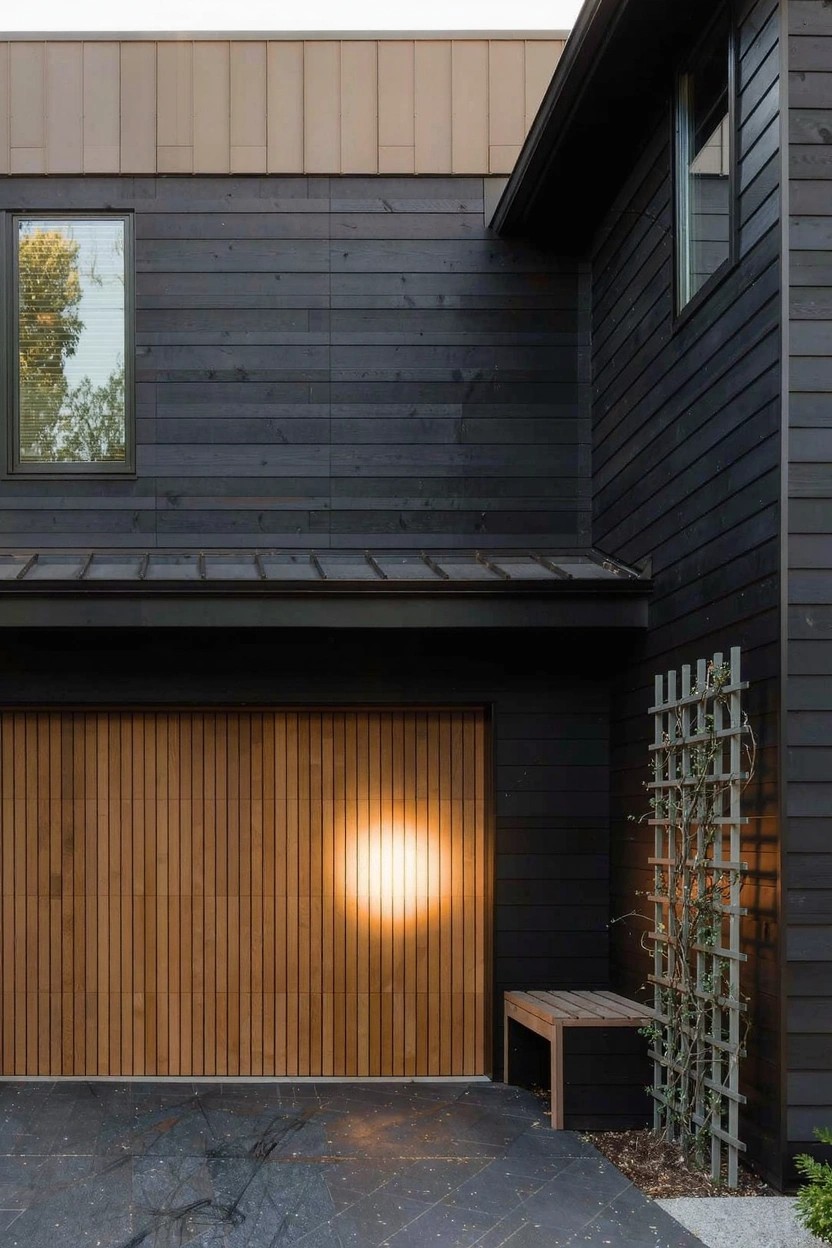 Modern house corner with dark charred wood siding, light horizontal wood slat garage door lit by a spotlight, wooden trellis covered in vines, bench, and dark paved driveway.