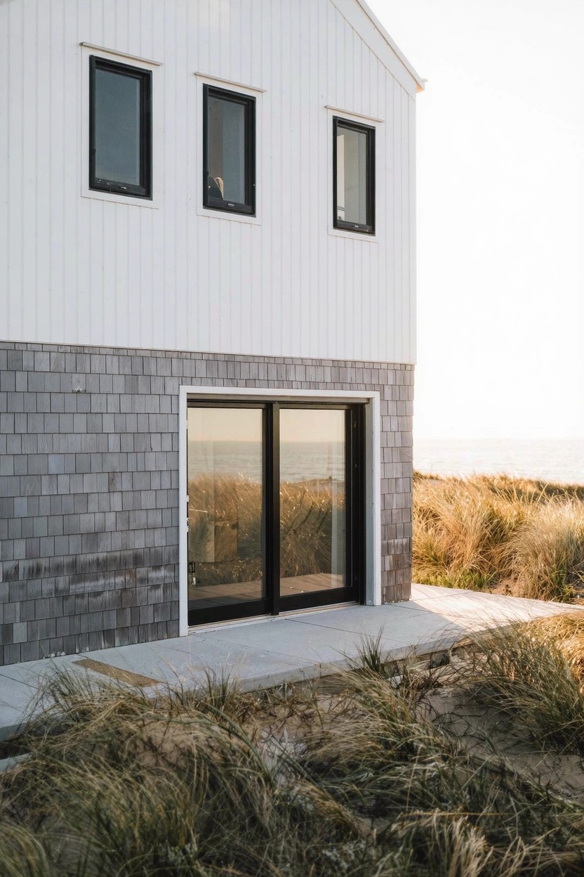 White vertical board-and-batten siding on upper facade of house above gray shingle siding on lower section, black-framed windows and large glass sliding door facing beach dunes and grass.