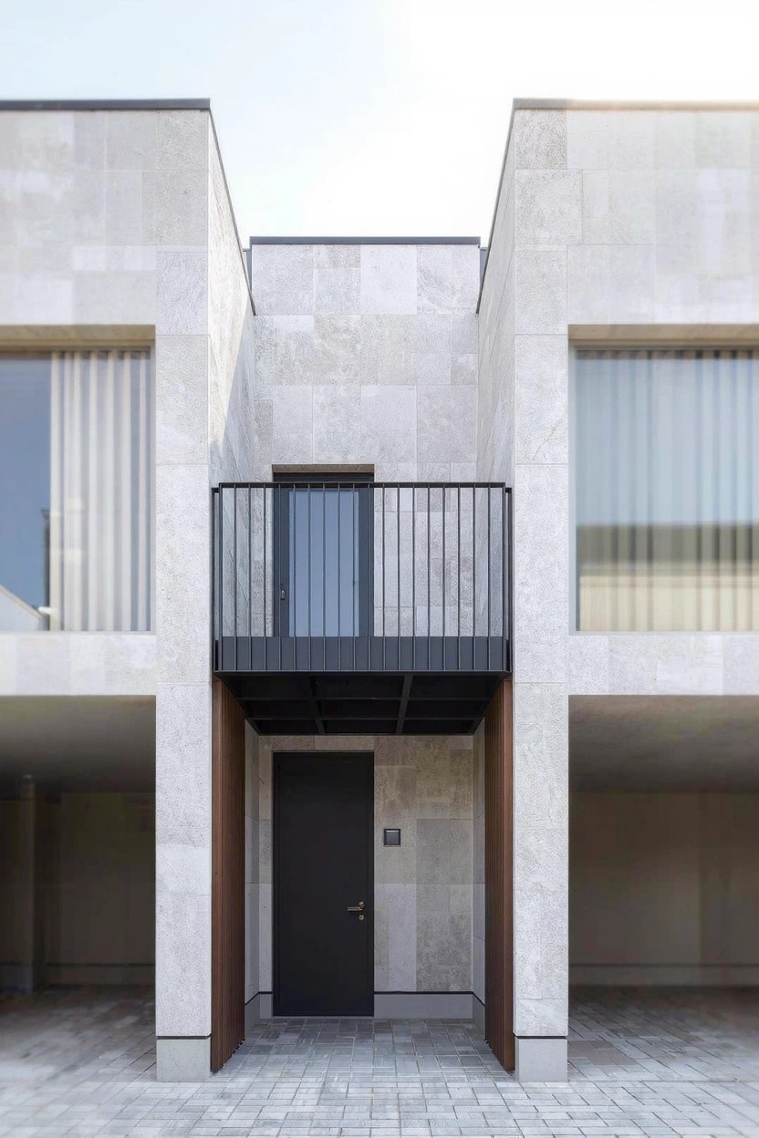 Modern house exterior with light stone cladding on walls, black metal cantilevered balcony above a recessed black door framed by wood supports, sheer-curtained windows, and garages beneath side overhangs.