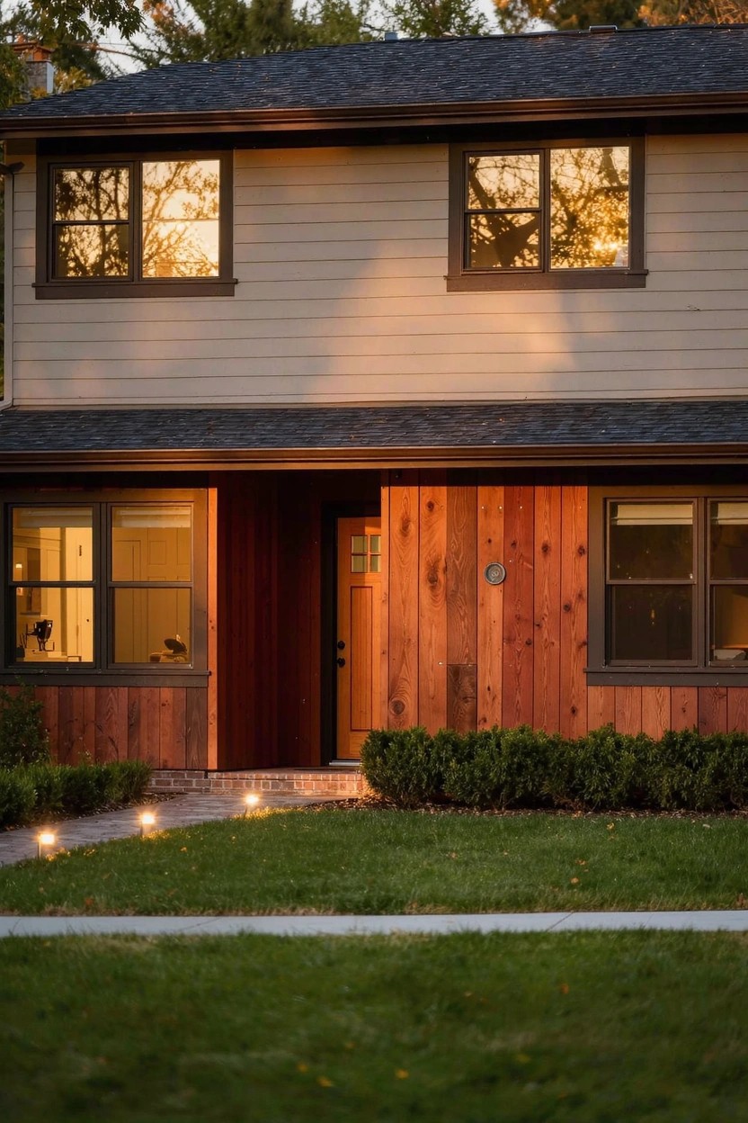 Two-story house exterior featuring light beige horizontal siding on the upper level, reddish-brown vertical cedar panels on the lower level and recessed entryway, black-framed windows, wooden front door, dark shingled roof, low pathway lights, boxwood shrubs, and green lawn at dusk.