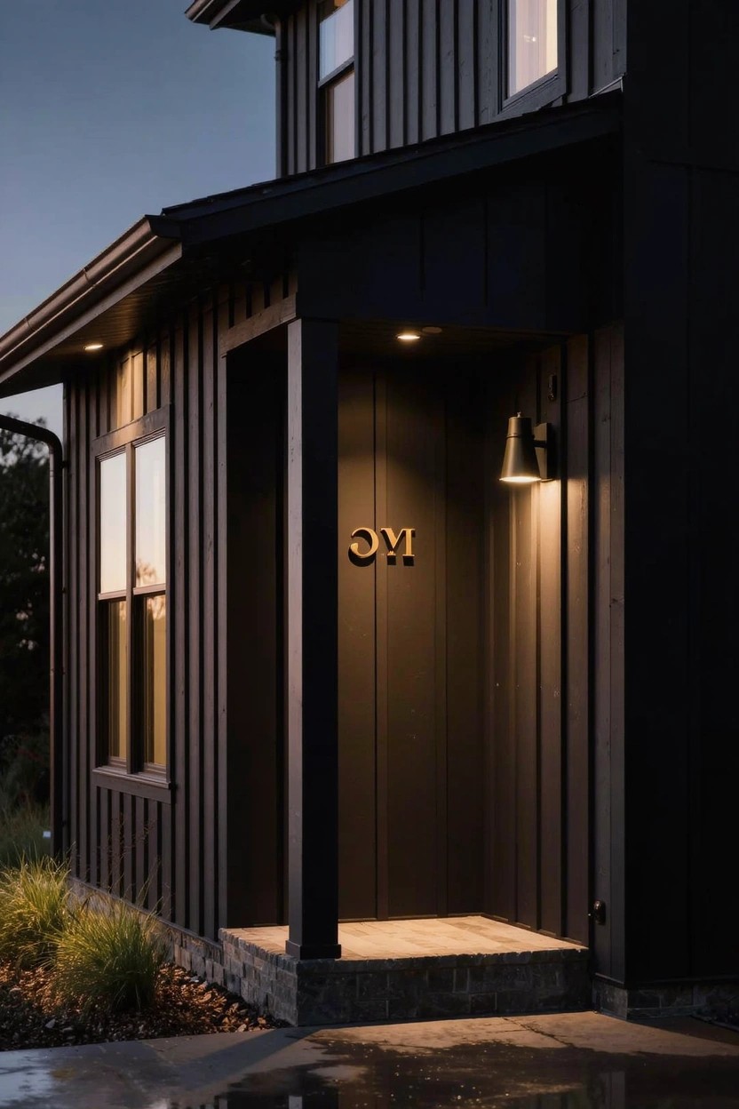 Dusk photo of a two-story house exterior with dark vertical board siding, a covered front porch entry, brass OM house number plaque on the siding, wall sconce lights, stone steps, and grasses in front.