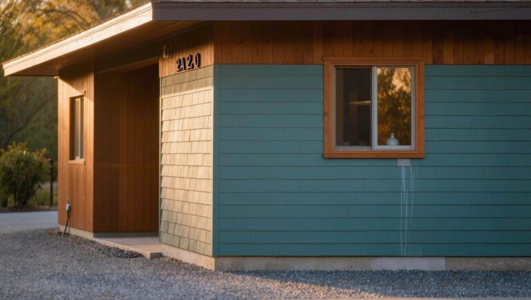 19 Creative Siding Makeover Ideas For A Quick Exterior Upgrade Side view of a small building with light blue shingle siding on lower walls, brown horizontal wood siding above, three rectangular windows, black number 521 on the wall, gravel driveway, and distant plants at sunset.