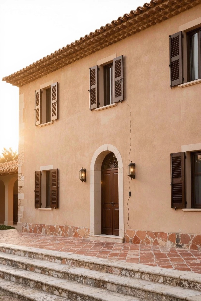 Light Stucco Siding with Dark Shutters