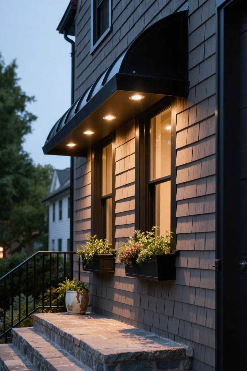 Side view of a cedar shake house at dusk with black awning and recessed lights over two windows with flower boxes, metal-railed stone steps to a dark door, potted plant nearby, trees in background.