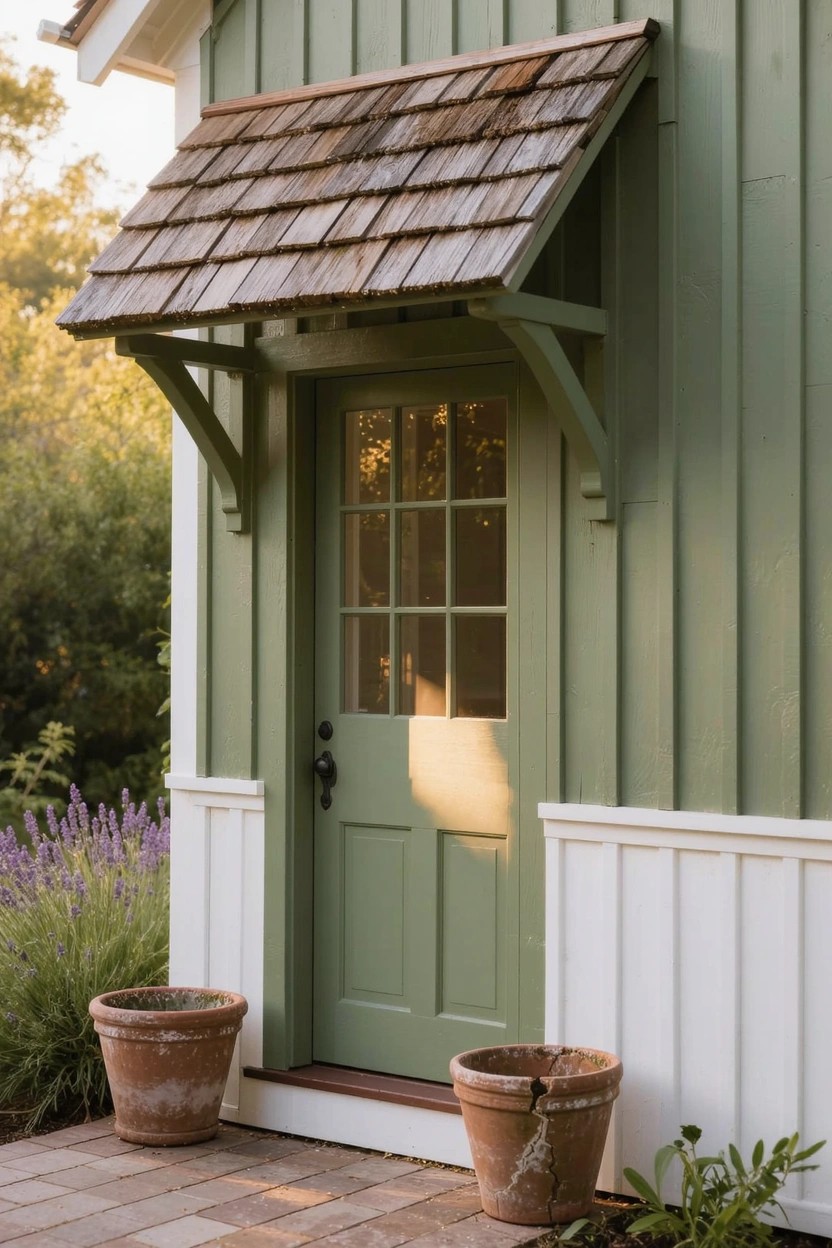 Green board-and-batten siding wall with a matching green nine-pane door under a small overhanging shingled awning, white trim accents, and two terracotta pots containing lavender plants on a brick paver landing.
