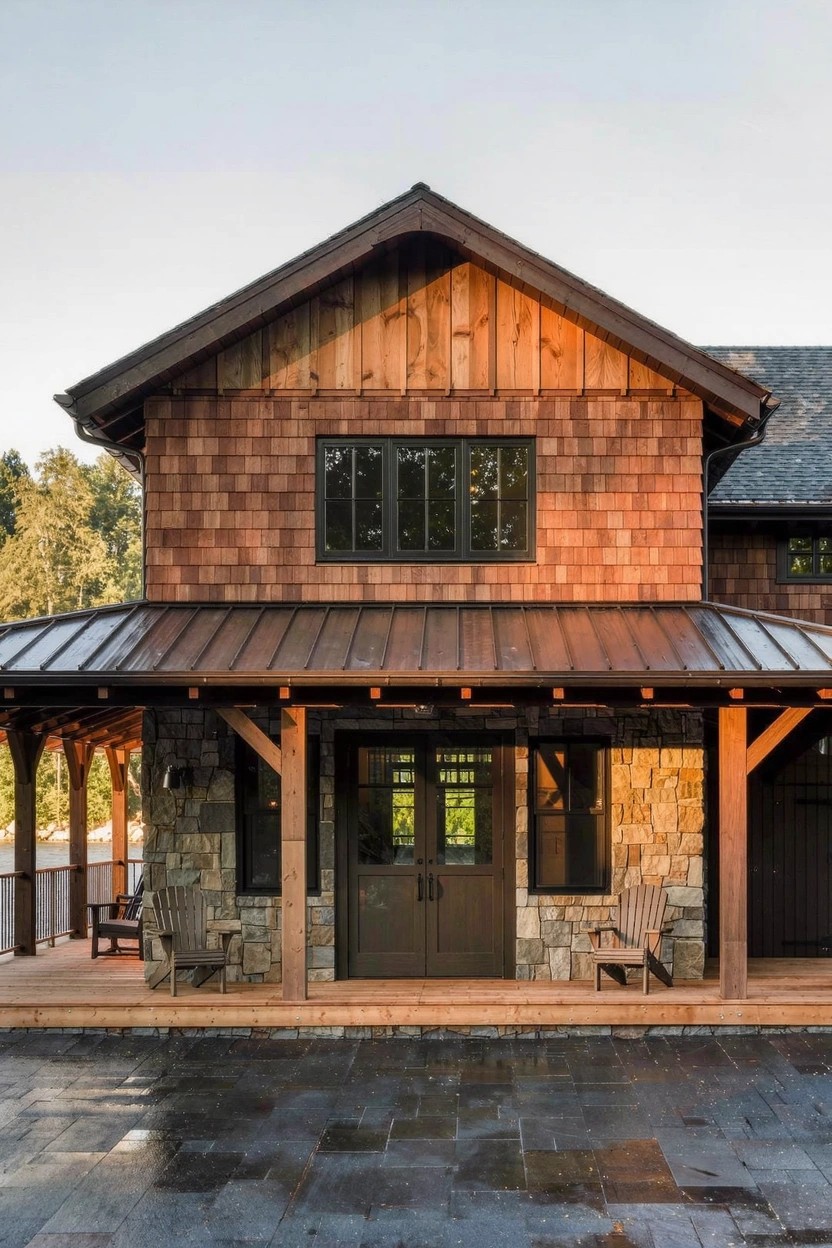 Two-story house exterior with warm-toned wood shingle siding, stone veneer at the covered front porch supported by timber posts and metal roofing, Adirondack chairs on a dark slate paver surface, surrounded by trees.