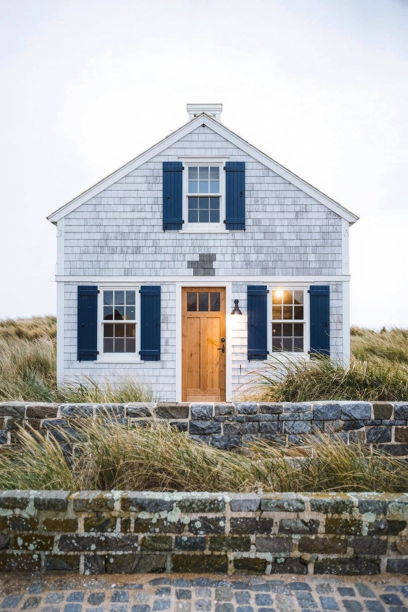 White shingle-sided house with navy blue shutters, yellow front door light, and orange door, set against grassy dunes and a low stone wall with paver path.
