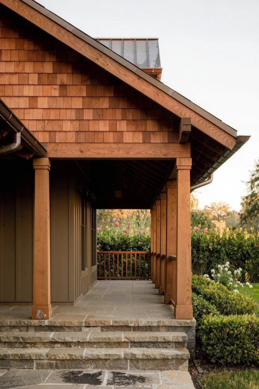 Side view of a house with wood shake siding on walls and gables, a covered porch with square wooden posts and railing, wide stone steps, and bushes planted nearby.